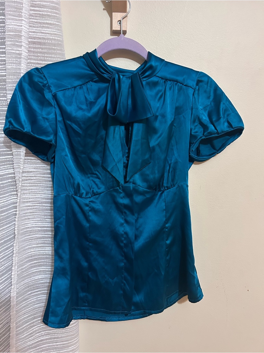 MNG Teal Satin Tie-Neck Blouse